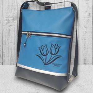 Hímzett tulipános 3in1 hátizsák univerzális táska fekete-kék