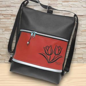 Hímzett tulipános 3in1 hátizsák univerzális táska fekete-piros