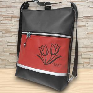 Hímzett tulipános 3in1 hátizsák univerzális táska fekete-piros