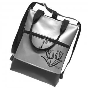 Hímzett tulipános elegáns 4in1 női hátizsák oldaltáska Fekete-ezüst