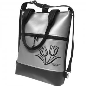 Hímzett tulipános elegáns 4in1 női hátizsák oldaltáska Fekete-ezüst