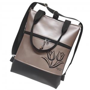 Hímzett tulipános elegáns 4in1 női hátizsák oldaltáska Fekete-púder