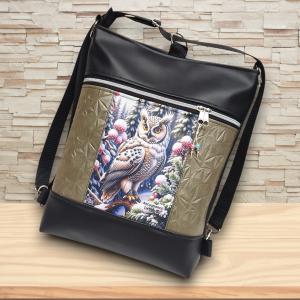 Hóbagoly mintás 3in1 textilbőr hátizsák oldaltáska fekete-platina