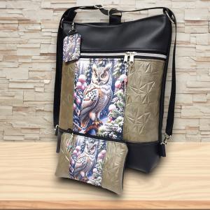 Hóbagoly mintás 3in1 textilbőr hátizsák szett fekete-platina táska-neszi-kulcstartó