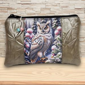 Hóbagoly mintás 3in1 textilbőr hátizsák szett fekete-platina táska-neszi-kulcstartó