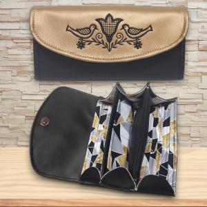 Irattartó nagy pénztárca hímzett Tulipános madárkás fekete-óarany