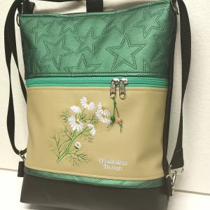 Kamillák hímzett 3in1 hátizsák univerzális táska fekete-drapp-zöld