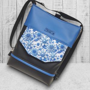 Kék virágok EMILI 3 funkciós hátizsák oldaltáska Fekete-kék