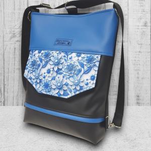 Kék virágok EMILI 3 funkciós hátizsák oldaltáska Fekete-kék