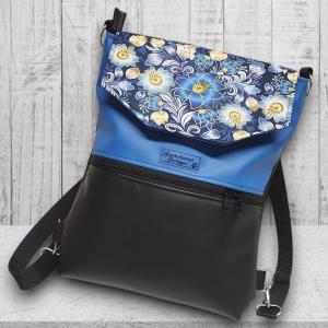 Kék virágos fedélrészes 3in1 hátizsák univerzális táska fekete-kék alapon