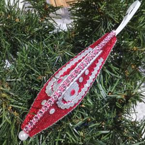 Kézműves csillogó cseppdísz karácsonyfadísz dekoráció 13cm piros-ezüst