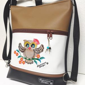 Kisbagoly faágon 3in1 hímzett hátizsák univerzális táska fekete-fehér-barna