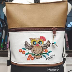 Kisbagoly faágon 3in1 hímzett hátizsák univerzális táska fekete-fehér-barna