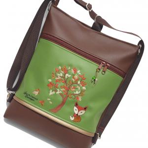 Kisróka a mesebeli erdőben 3in1 hímzett hátizsák univerzális táska kakaóbarna-zöld