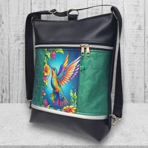 Kolibri madár 3in1 textilbőr hátizsák oldaltáska fekete-zöld