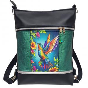 Kolibri madár 3in1 textilbőr hátizsák oldaltáska fekete-zöld