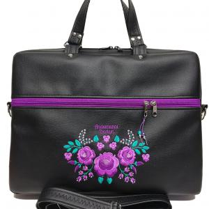 Laptop táska Irattartó táska HungarianFolkart12 lila hímzéssel fekete alapon