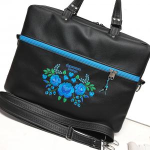 Laptop táska irattartó táska HungarianFolkart12 türkiz hímzéssel fekete alapon