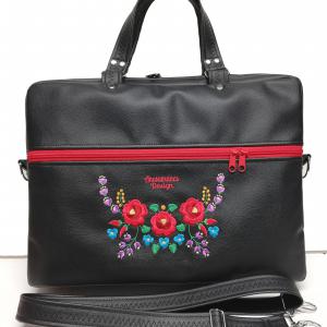 Laptop táska irattartó táska HungarianFolkart15 fekete alapon színes hímzéssel