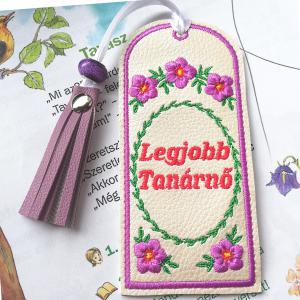 Legjobb tanárnő Hímzett könyvjelző bojttal pezsgő alapon lila virágok