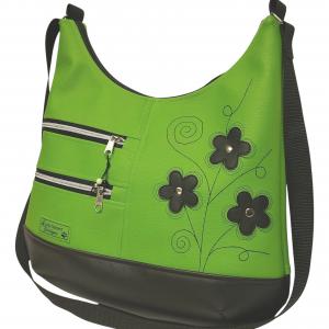 MAXI méretű hímzett sokzsebes textilbőr pakolós táska fekete-lime zöld