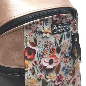 MAXIM BackPack L hátizsák - 3D hatású virágokkal púder és fekete alapon textilbőr pántokkal 36x30x16