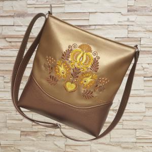 Melanie hímzett pakolós válltáska oldaltáska - Hungarian Extra 002 bronz óarany alapon textilbőr vállpánttal