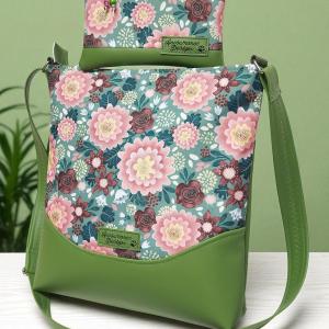 Melanie pakolós válltáska oldaltáska - Ani virágai zöld alapon textilbőr vállpánttal neszivel