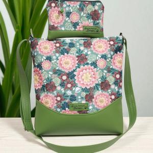 Melanie pakolós válltáska oldaltáska - Ani virágai zöld alapon textilbőr vállpánttal neszivel