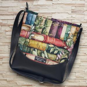 Melanie pakolós válltáska oldaltáska - Retro könyvek fekete alapon textilbőr vállpánttal