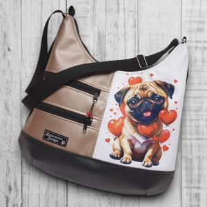 Mopsz kutyás MAXI méretű sokzsebes textilbőr pakolós táska fekete-púder