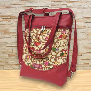 Mosolyvonalas 4in1 hátizsák univerzális táska textilbőr kézifülekkel Bájos baglyok bordó alapon