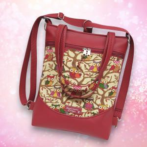 Mosolyvonalas 4in1 hátizsák univerzális táska textilbőr kézifülekkel Bájos baglyok bordó alapon