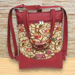 Mosolyvonalas 4in1 hátizsák univerzális táska textilbőr kézifülekkel Bájos baglyok bordó alapon