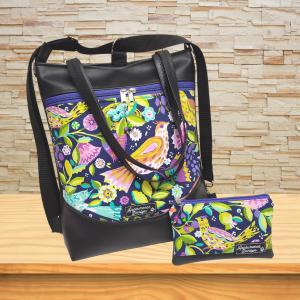 Mosolyvonalas 4in1 hátizsák univerzális táska textilbőr kézifülekkel Madárkák fekete alapon neszivel