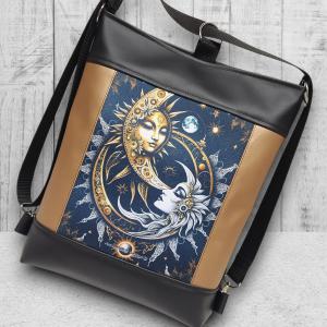 Nap és a Hold hátsó zsebes 3in1 textilbőr hátizsák oldaltáska fekete-óarany