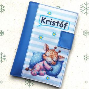 Névre szóló neves Egészségügyi kiskönyv borító - Alvó zsiráf kék alapon