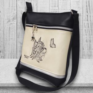 Női 26x30 crossbody oldaltáska - Hímzett Cica pillangóval Fekete-pezsgő