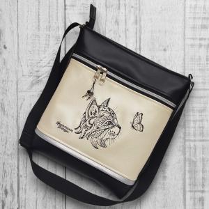 Női 26x30 crossbody oldaltáska - Hímzett Cica pillangóval Fekete-pezsgő