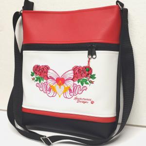 Női 26x30 crossbody oldaltáska - Hímzett Fantasy Flower 002 Fekete-fehér-piros
