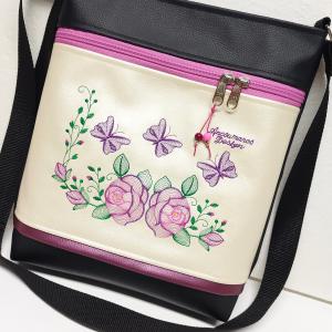 Női 26x30 crossbody oldaltáska - Hímzett rózsák és pillangók fekete-pezsgő