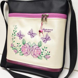 Női 26x30 crossbody oldaltáska - Hímzett rózsák és pillangók fekete-pezsgő