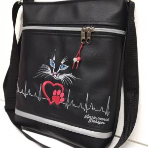 Női 26x30 crossbody oldaltáska - Szívdobogás Hímzett EKG szív tappancs cica