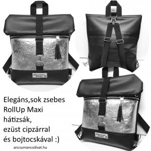 Roll Up Maxi dupla pántos hátizsák sok zsebbel - Elegáns fekete gyűrt mintás ezüsttel bojt dísszel