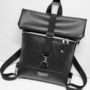 Roll Up Maxi dupla pántos hátizsák sok zsebbel - Elegáns fekete - kristályos fekete , ezüst cipzárral