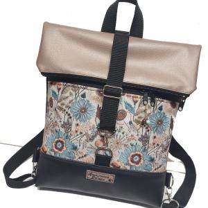 Roll Up Maxi dupla pántos hátizsák sok zsebbel - Fekete gyöngyházpúder folk virágokkal