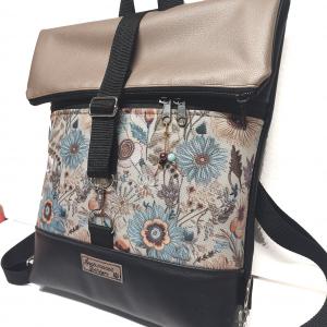 Roll Up Maxi dupla pántos hátizsák sok zsebbel - Fekete gyöngyházpúder folk virágokkal