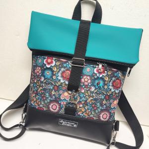 Roll Up Maxi dupla pántos hátizsák sok zsebbel - Fekete - türkíz folk virágokkal