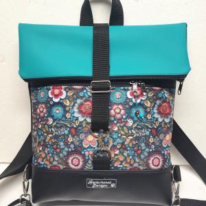 Roll Up Maxi dupla pántos hátizsák sok zsebbel - Fekete - türkíz folk virágokkal