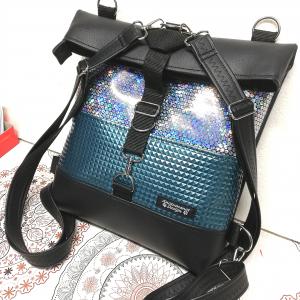 Rolltop univerzális táska hátizsák türkiz és szivárvány hologramos betéttel